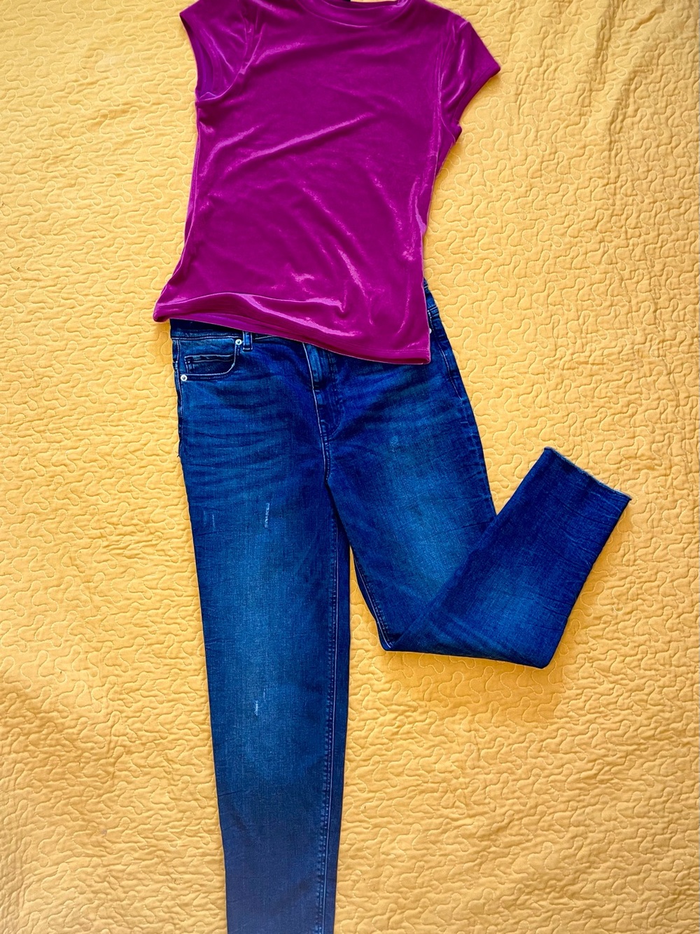 Express Women’s Dark Blue Skinny Jeans and Express Berry Velvet Top.